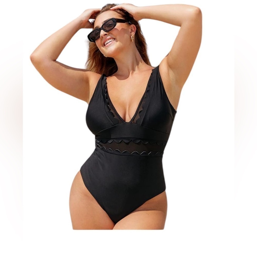 NWT Cupshe Black One Piece V Neck Scalloped Mesh Swimsuit